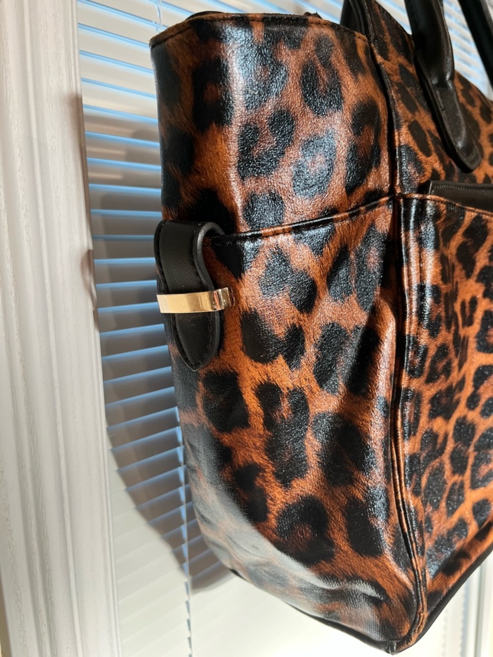 Leopard Print Tote Bag with Black Handles - Chic Animal Print Carryall - Picture 3 of 13